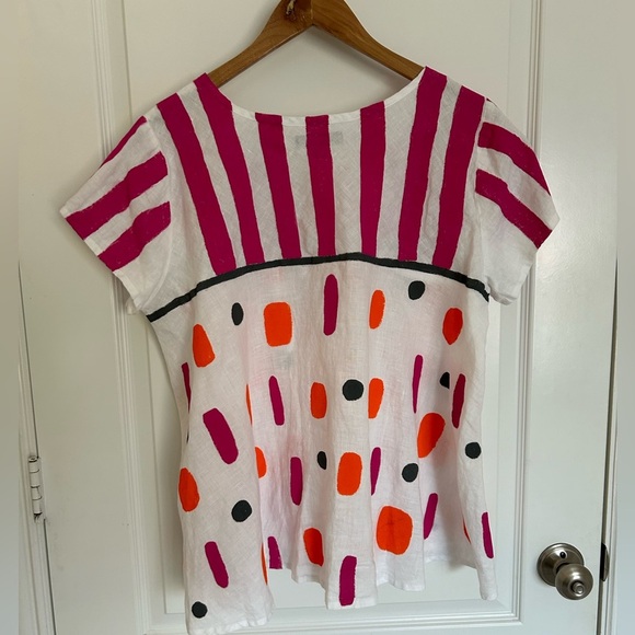 FLAX Women’s White Painted Unique Linen Short Sleeve Top Medium - Picture 4 of 12